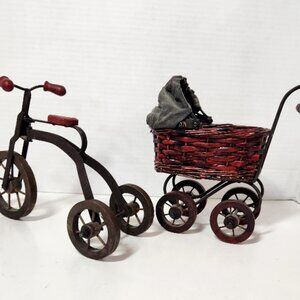 Vintage Doll Carriage and Wood/Metal tricycle Miniature Toy Doll Decor